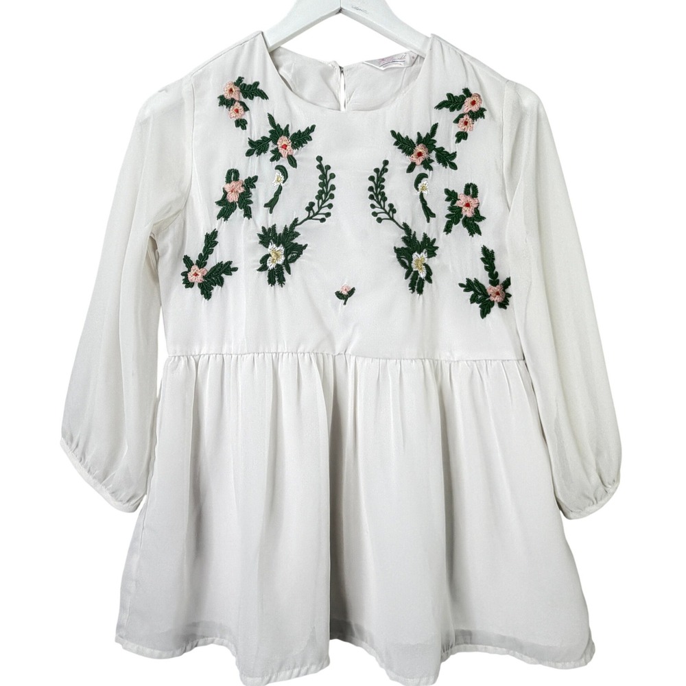 Pannkh Embroidered Blouse Womens M White Floral Babydoll Peplum Long Sleeve Top